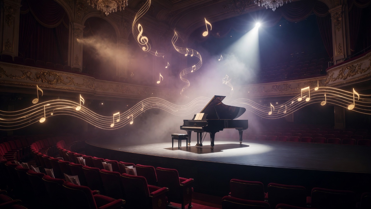 Concert hall piano stage representing native audio direction in Muse Video
